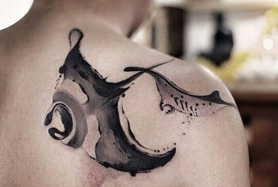 Watercolor Black Ink Stingray Mens Shoulder And Back Tattoos