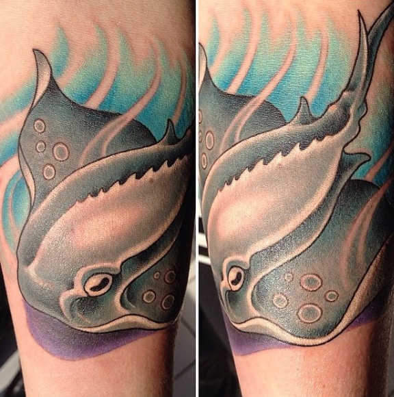 Watercolor Mens Floating Stingray Tattoo On Arm