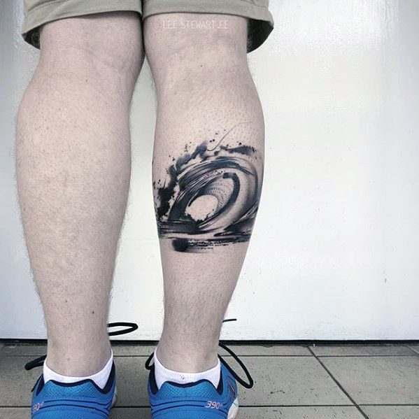 Watercolor Simple Wave Mens Leg Calf Tattoo Ideas