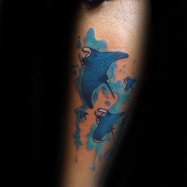 Watercolor Stingray Blue Ink Male Tattoos