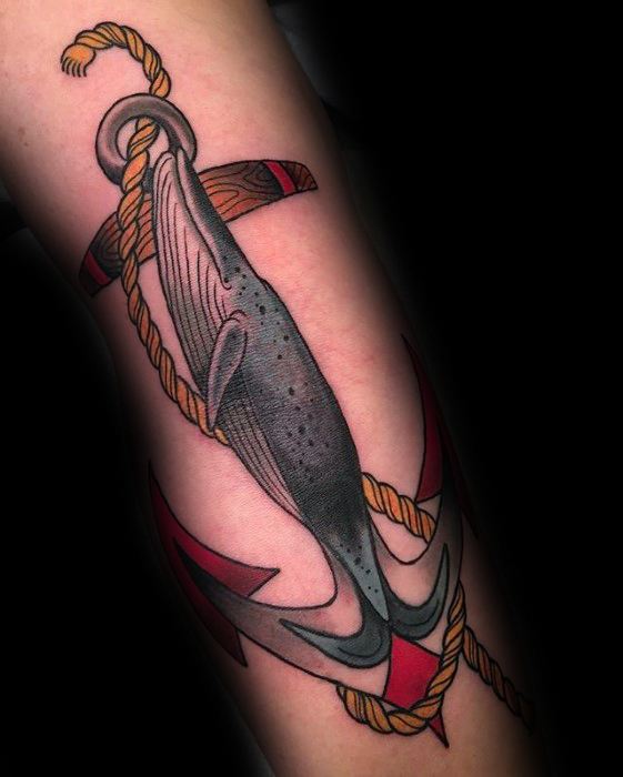 Whale With Anchor Guys Unique Old School Forearm Tattoos