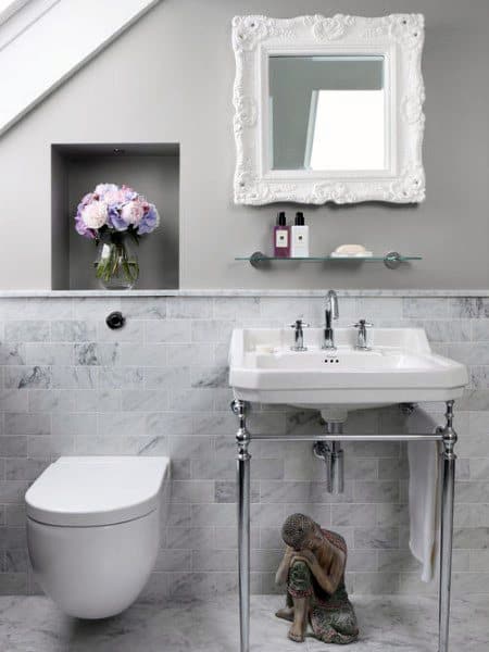 White Marble Half Bath Ideas With Wall Hung Toilet