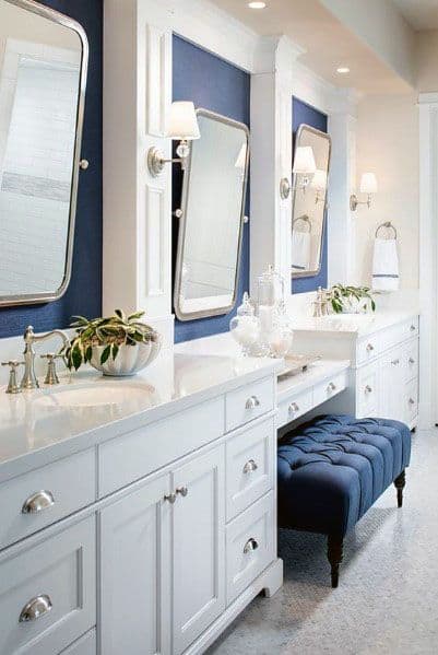 White Vanity Blue Painted Wall Accents Bathroom Ideas