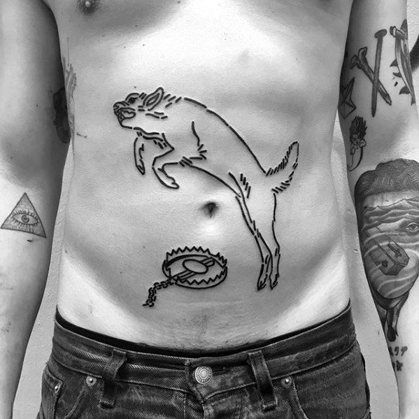 Wolf Jumping Over Bear Trap Mens Cool Simple Stomach Tattoo