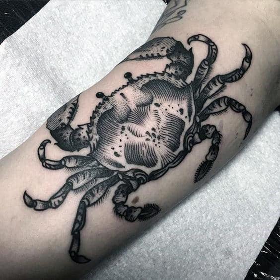 Woodcut Male Crab Arm Tattoo With Black Ink Design