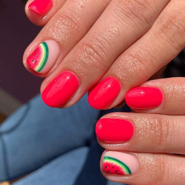 Watermelon-themed bright red nails
