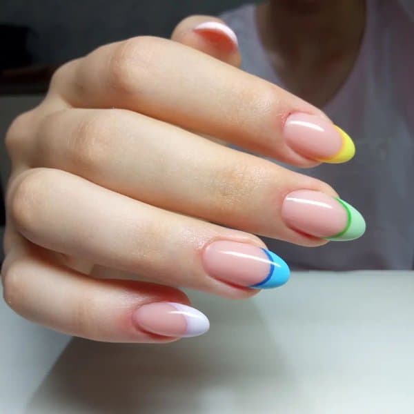Nude nails with colorful French tips