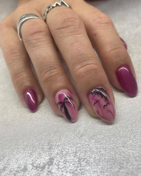 Pink nails with palm trees and birds