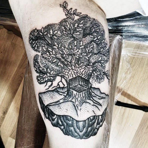 3D Gray Oak Tree Design Tattoo On Calves For Men