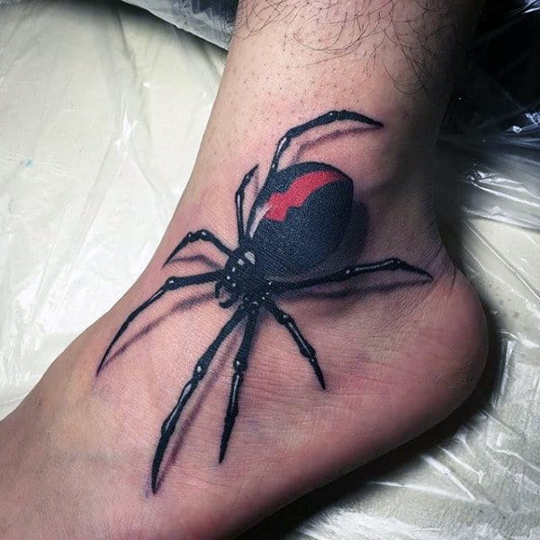 3D Huge Black Spider Tattoo On Feet For Guys