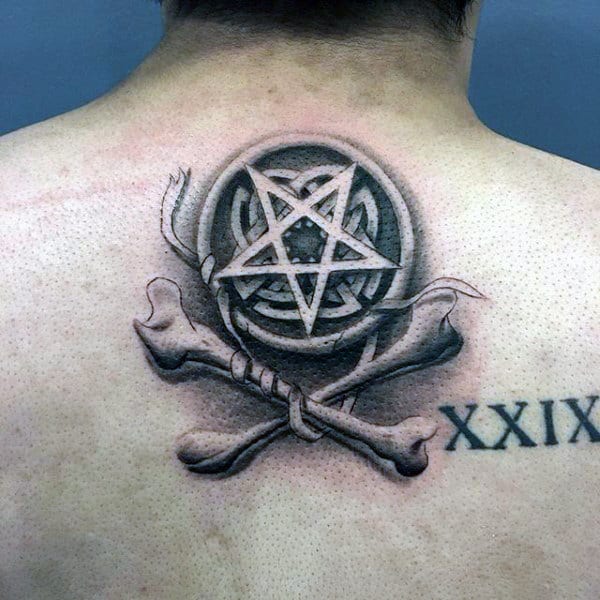 3D Pentagram And Bones Tattoo Mens Back