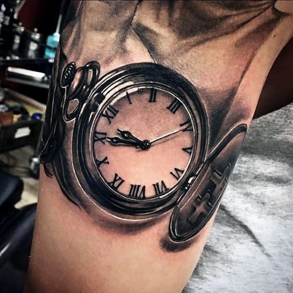 3D Pocket Watch Tattoo For Males On Arms