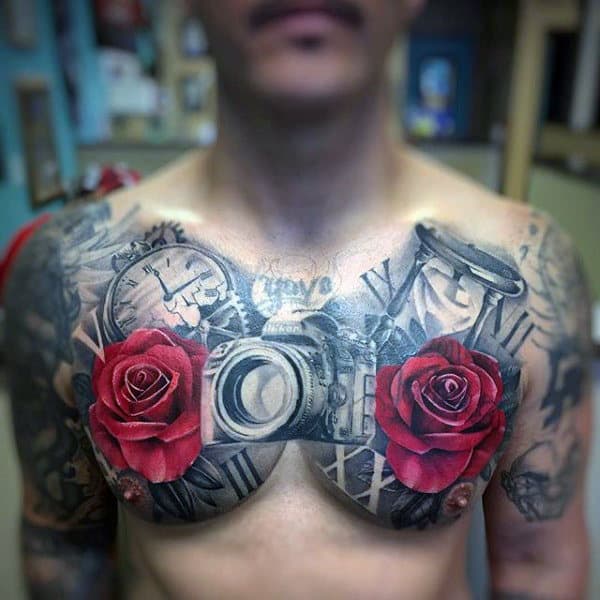 3D Red Roses And Grayish Camera Tattoo Mens Chest