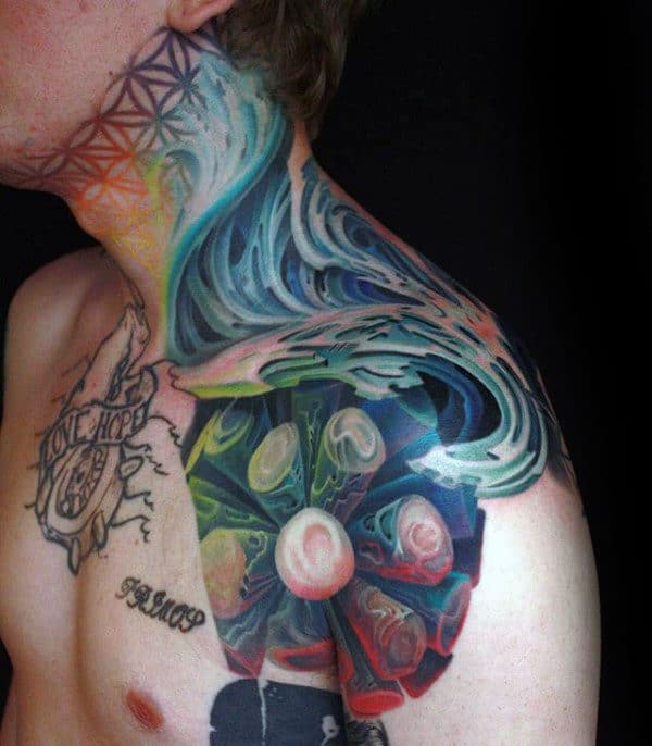 3d Abstract Male Flower Of Life Neck And Shoulder Tattoos