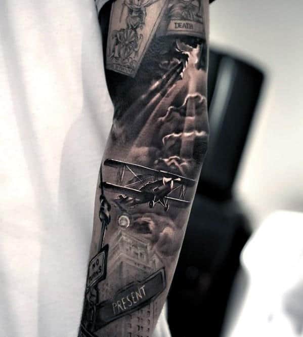 3d Airplane Flying Through Clouds Mens Realistic Sleeve Tattoo