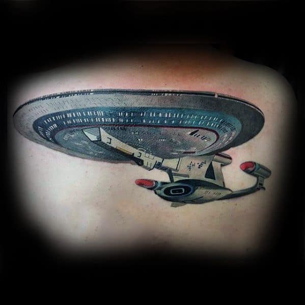 3d Back Spaceship Mens Tattoo Ideas With Star Trek Design