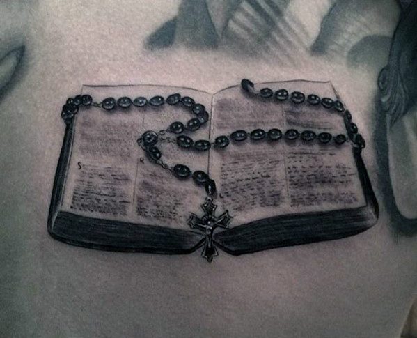3d Bible With Rosary Small Religious Mens Chest Tattoo Designs