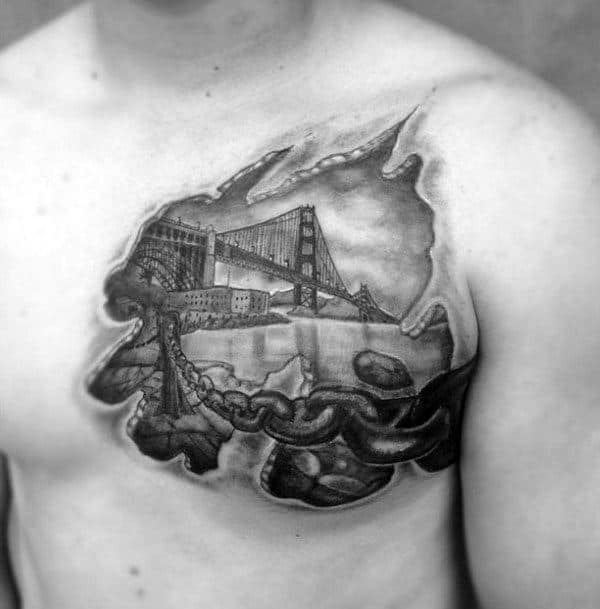 3d Chain Golden Gate Bridge Ripped Skin Mens Chest Tattoo Ideas