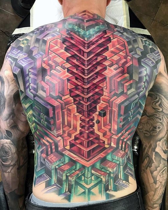3d Colorful Guys Geometric Back Tattoo Design Ideas