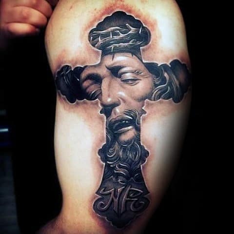 3d Cross With Jesus Portrait Arm Tattoo Ideas For Men