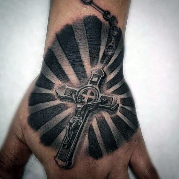 3d Cross With Sun Rays Guys Unique Hand Cool Tattoo Ideas