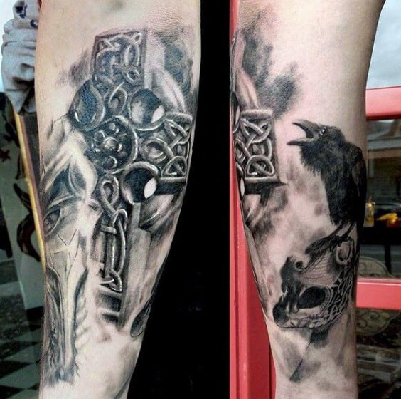 3d Crow With Celtic Cross Mens Forearm Tattoo