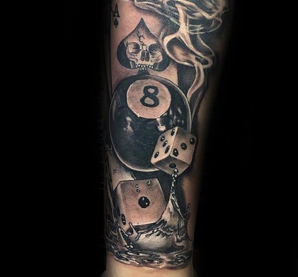 3d Dice Splashing Into Water With 8 Ball Mens Forearm Tattoo
