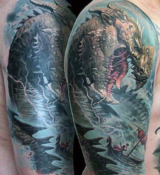 3d Dragon In Water With Boat Mens Half Sleeve Tattoo