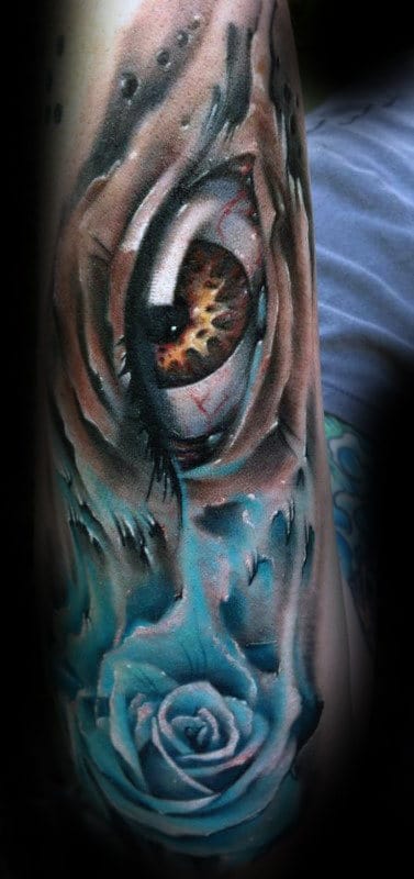 3d Eye With Realistic Blue Rose Watercolor Mens Outer Forearm Tattoos