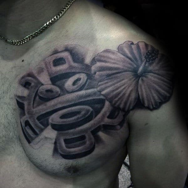 3d Flower With Sun Taino Shaded Male Upper Chest Tattoos