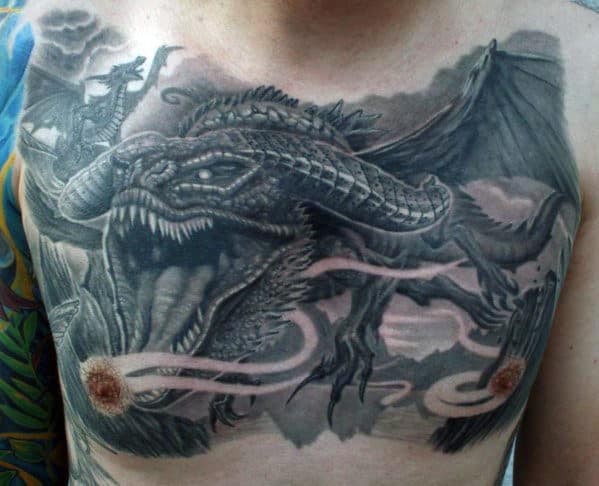 3d Flying Dragon Male Upper Chest Tattoo