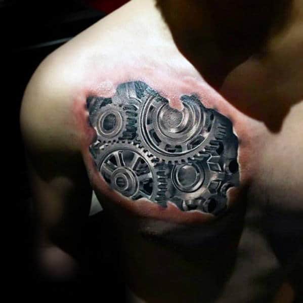 3d Gears Mens Cool Realistic Chest Tattoo