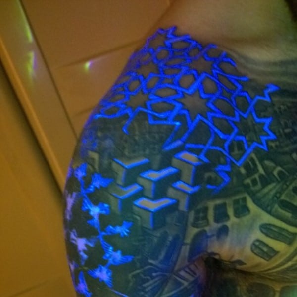 3d Geometric Upper Shoulder Chest And Arm Mens Glow In The Dark Pattern Tattoo