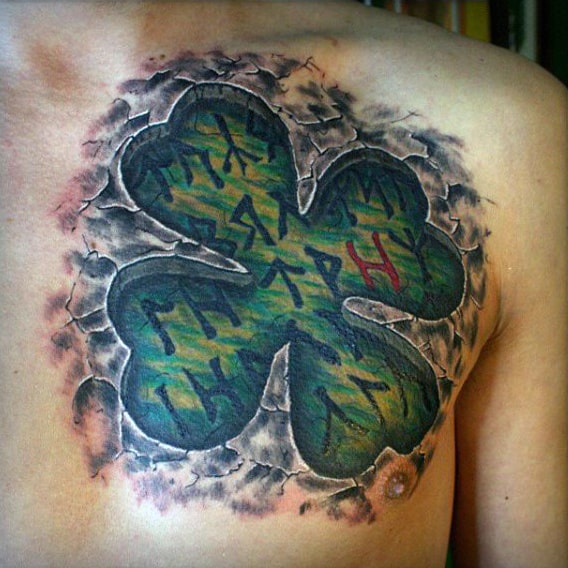3d Green Four Leaf Clover Mens Chest Tattoos