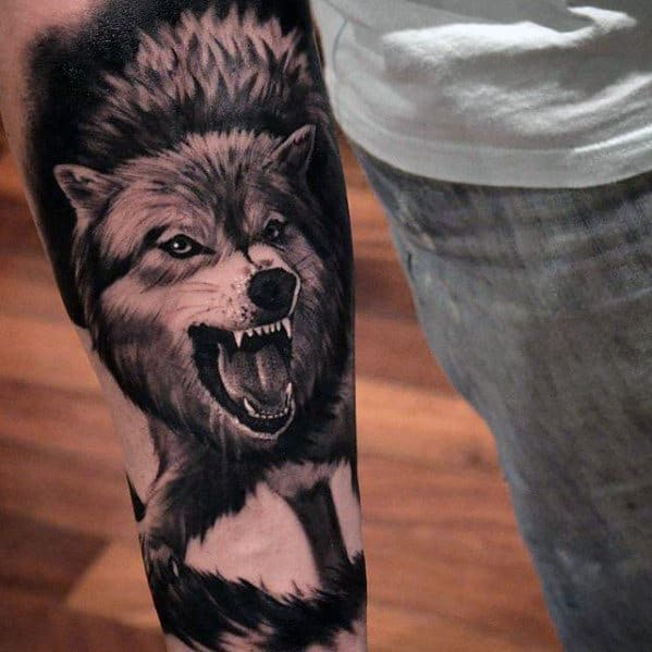 3d Growling Wolf Realistic Tattoo On Inner Forearm For Men
