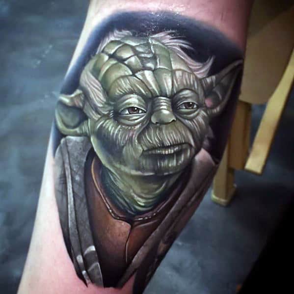 3d Guys Inner Forearm Realistic Portrait Tattoo Of Yoda