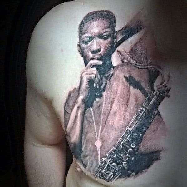 3d Guys Saxophone Upper Chest Tattoo Ideas