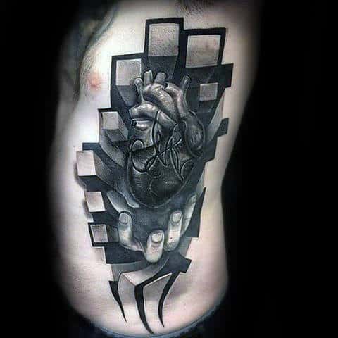 3d Hand With Heart Mens Original Rib Cage Side Tattoo