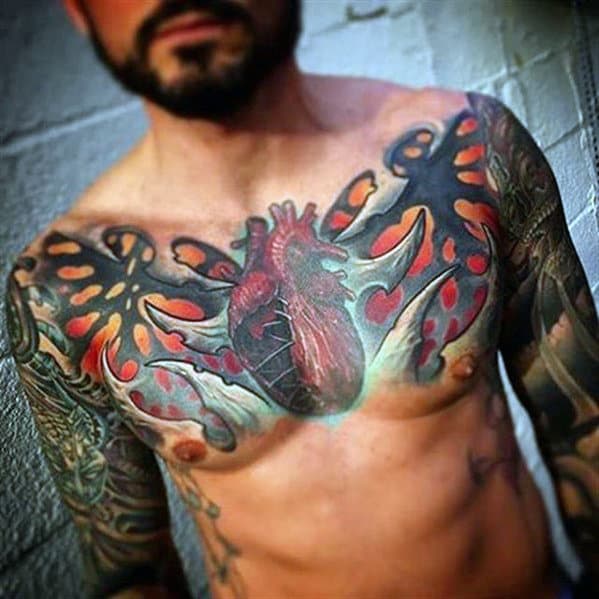 3d Heart Guys Amazing Upper Chest Tattoos