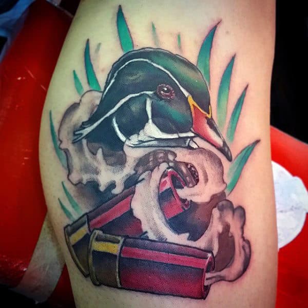 3d Hunting Tattoo With Bullets And Duck On Guy