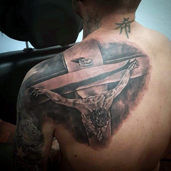 3d Jesus Cross Shoulder Blade Tattoo Design On Man