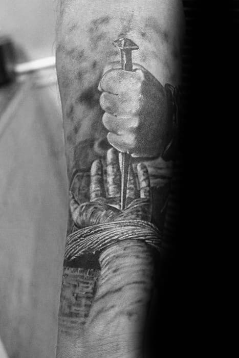 3d Jesus Hand With Spike Guys Inner Forearm Tattoo