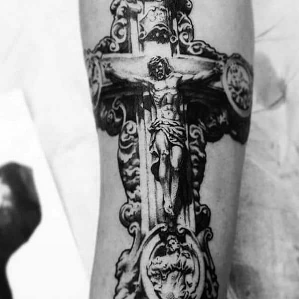 3d Jesus On The Cross Decorative Mens Forearm Catholic Tattoo