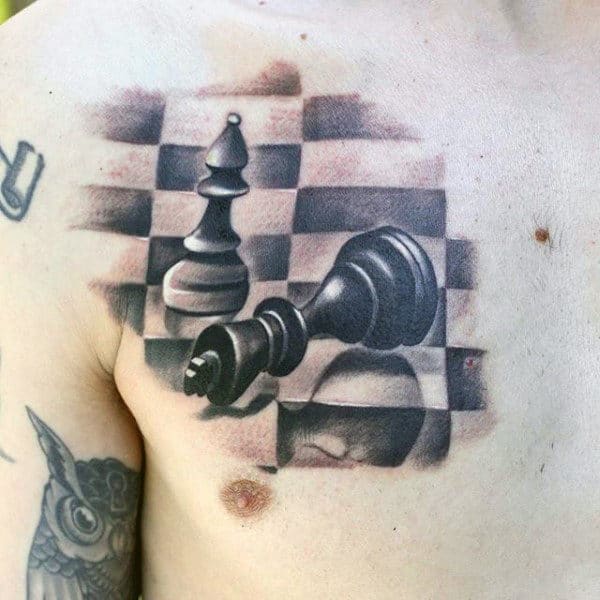 3d King Chess Piece With Board Mens Chest Tattoos