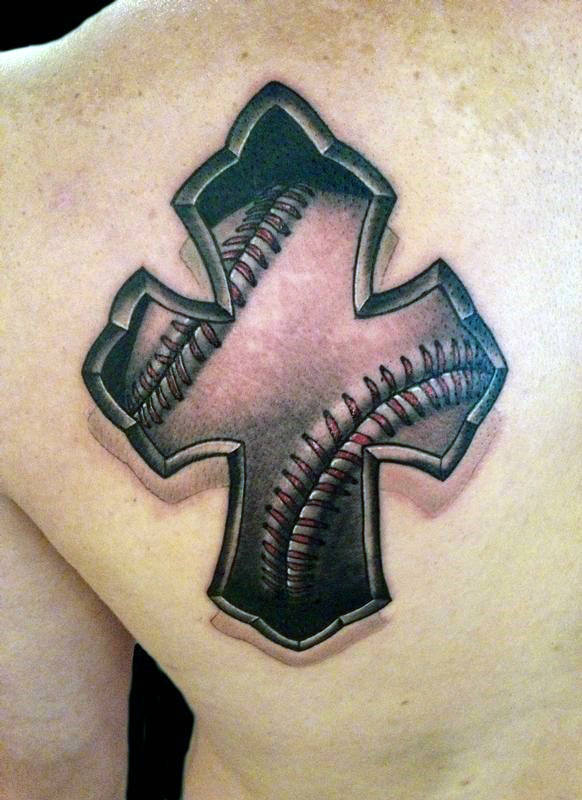 3d Male Baseball Cross Tattoo On Shoulder Blade