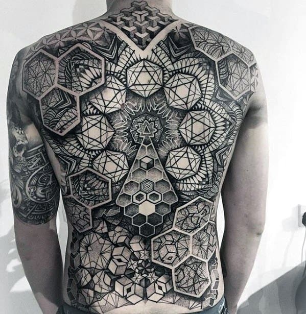 3d Male Tattoo With Geometric Back Design