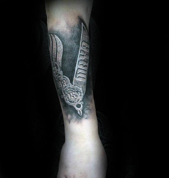 3d Maya Stone Guys Name Outer Forearm Tattoo