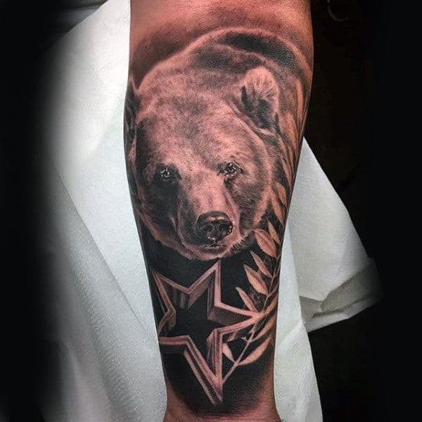 3d Mens California Bear Star Forearm Sleeve Tattoos