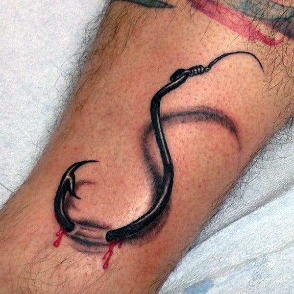 3d Mens Fish Hook Tattoo With Torn Skin Design On Arm