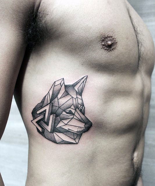 3d Mens Geometric Wolf Rib Cage Side Tattoo